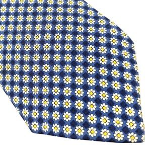 100% Silk Neck Tie Daisy Italian Vintage Vibes 90s Style Floral Blue Yellow Mens